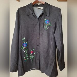 Vintage Allison Daley Black Floral Embroidered Button Down Shirt Women's Size M